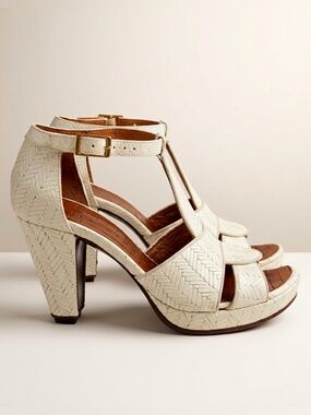 Chie Mihara Braided Leather T-Strap Heels, Cream, 36, EUC